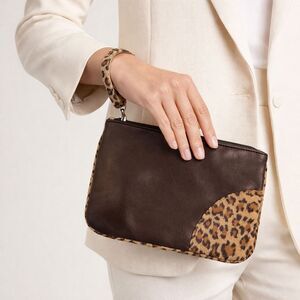 Neiman Marcus Leopard Trim Leather Wristlet Clutch Brown Chic Classy RichGirl